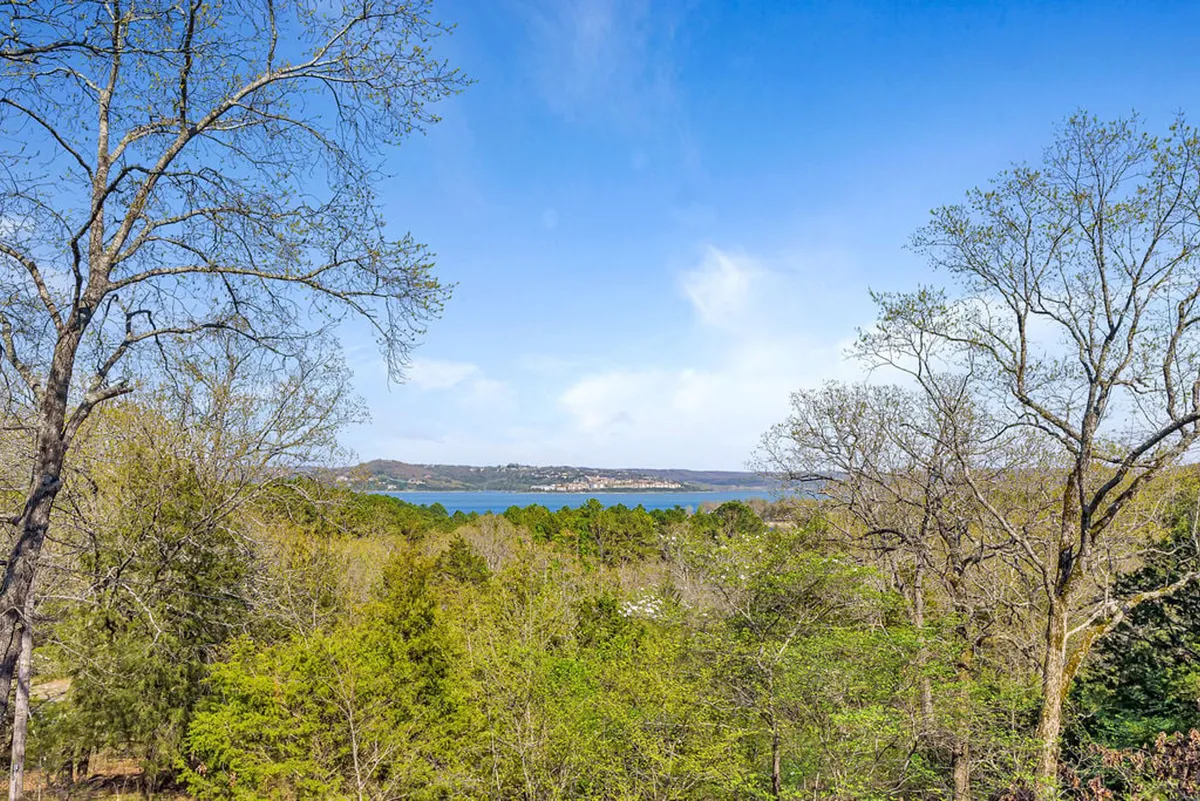 A stunning elevated view over Table Rock Lake, framed by a lush tree canopy with distant hills on the horizon. The tranquil water glimmers under the sunlight, evoking a sense of adventure, relaxation, and natural beauty. This image captures the essence of lakeside living and the fun activities available on the water.